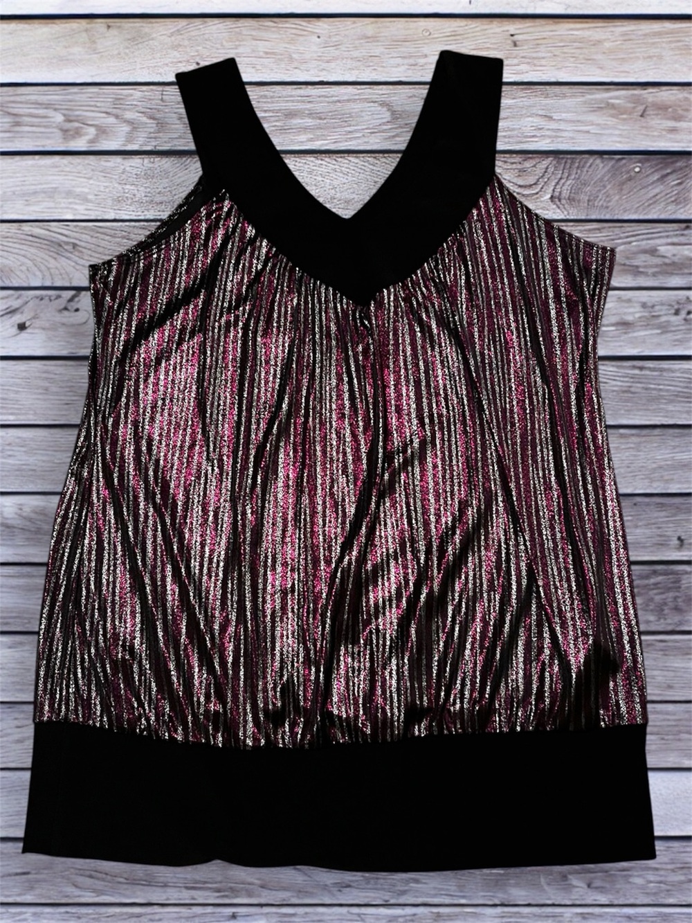 Studio Y Black Sleeveless V-Neck Tank Top with metallic pink & silver stripes xl